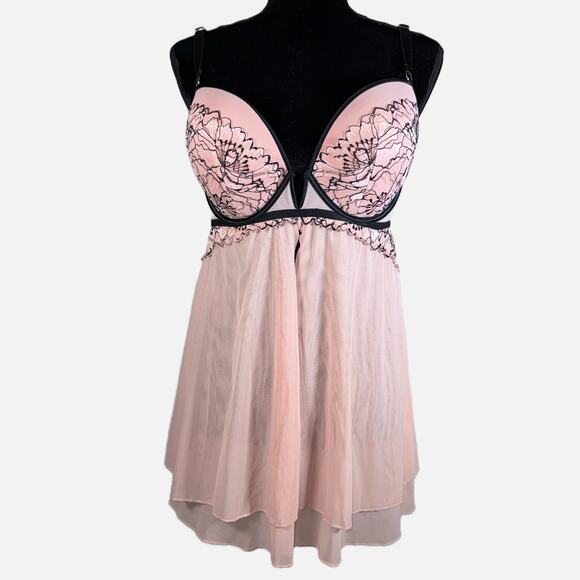 Auden Large Rose Push Up Babydoll Lingerie Coquette Pink Black Lace Underwire - Picture 6 of 14